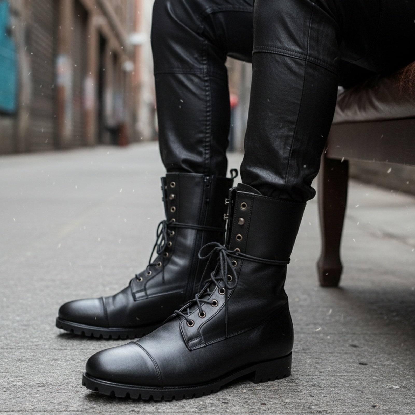 model-siting - Men's Black Leather Knee-High Military Boots
