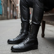 model-siting - Men's Black Leather Knee-High Military Boots
