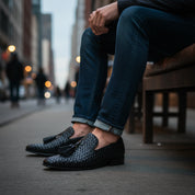 model-siting - Men's Black Leather Knitted Dress Shoes