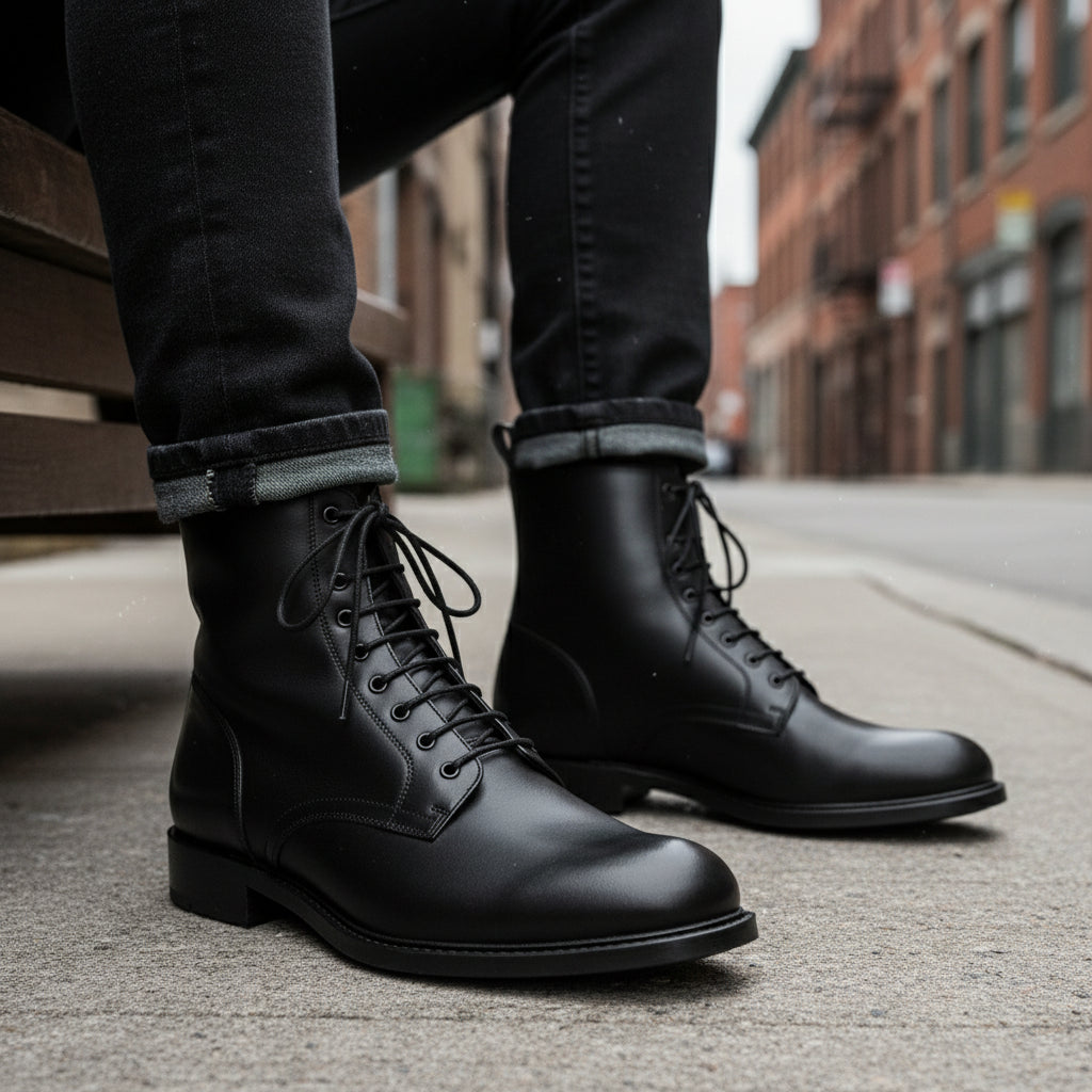 model-siting - Men's Black Leather Lace-Up Ankle Boots