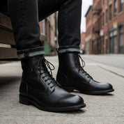 model-siting - Men's Black Leather Lace-Up Ankle Boots