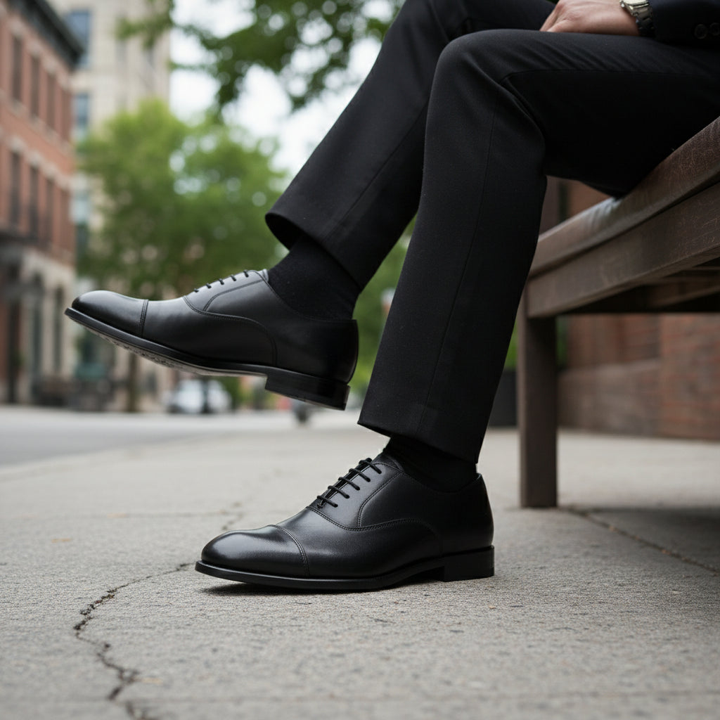 Men's Black Leather Lace-Up Oxfords - model-siting