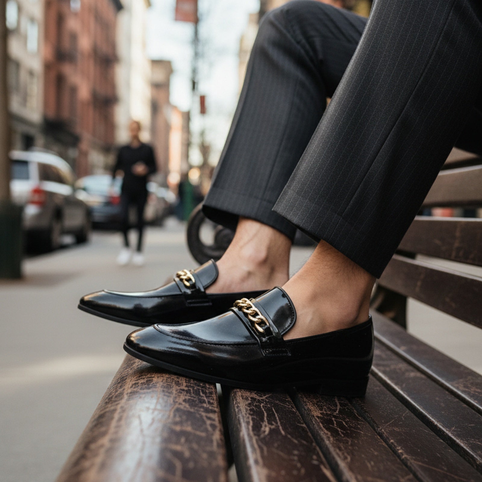 model-siting - Men's Black Leather Loafers with Chunky Chain