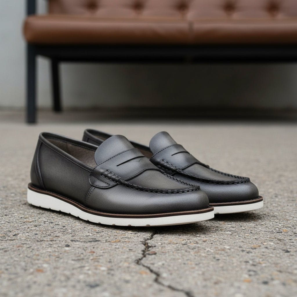 model-siting - Men's Black Leather Loafers