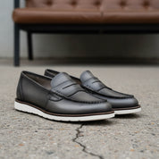model-siting - Men's Black Leather Loafers