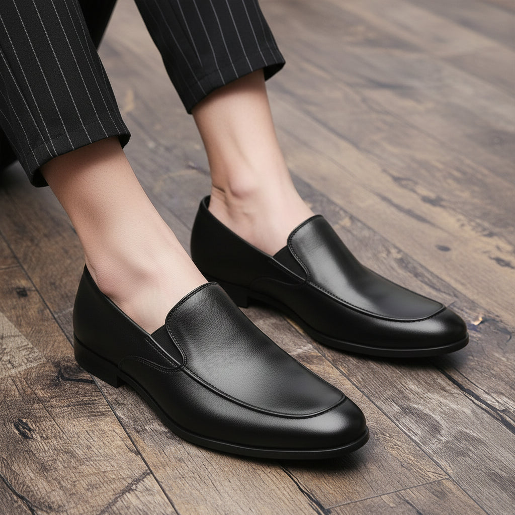 model-siting - Men's Black Leather Moccasin Loafers