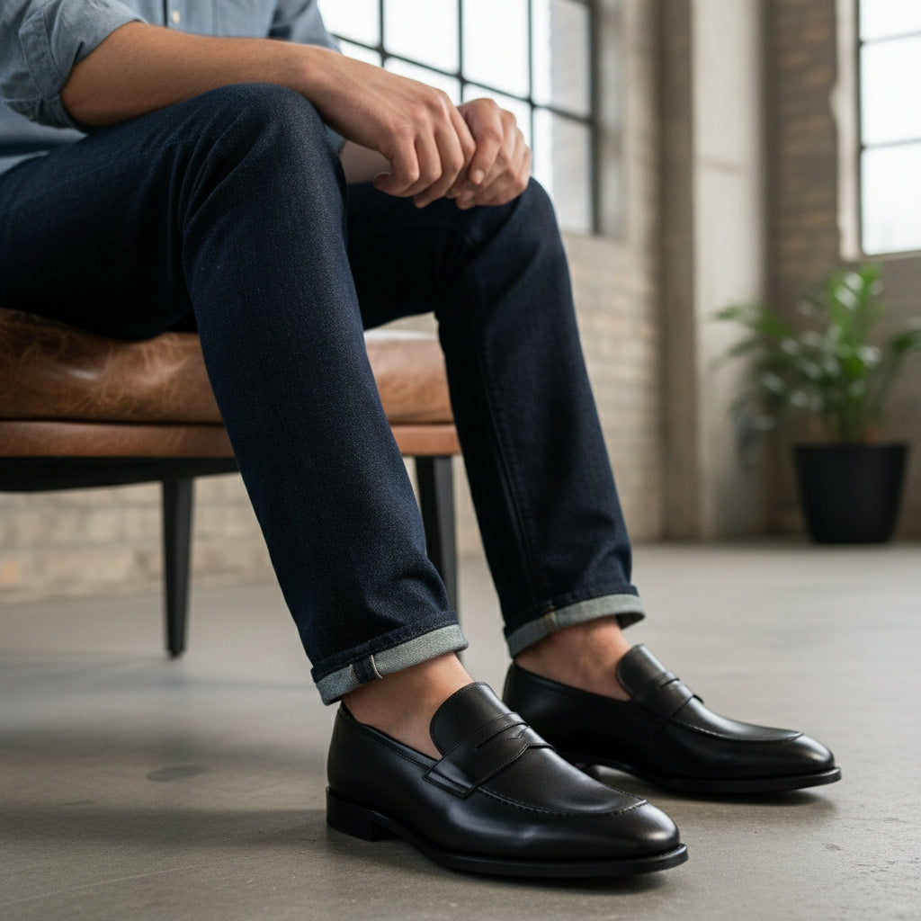 model-siting - Men's Black Leather Moccasins | Elegant Dress Design
