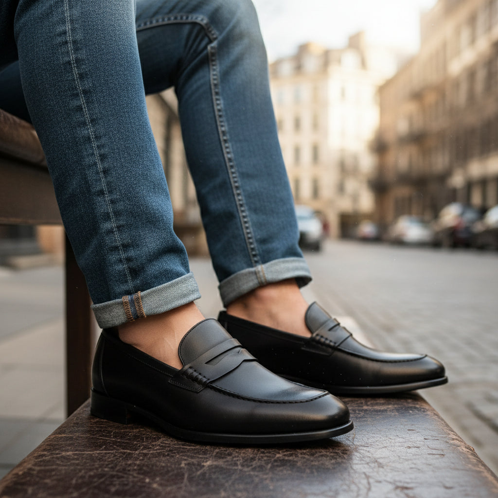 model-siting - Men's Black Leather Moccasins with Customizable Fit