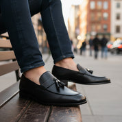 Men's Black Leather Moccasins with Tassels - model-siting
