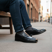 model-siting - Men's Black Leather Moccasins