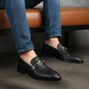 model-siting - Men's Black Leather Moccasins