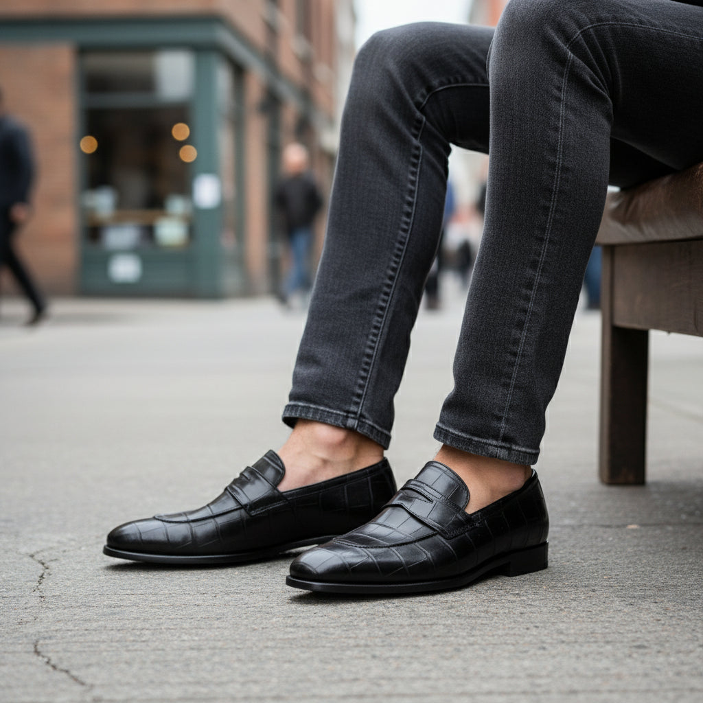 model-siting - Men's Black Leather Moccasins