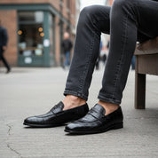 model-siting - Men's Black Leather Moccasins