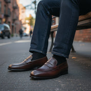 model-siting - Men's Black Leather Moccasins