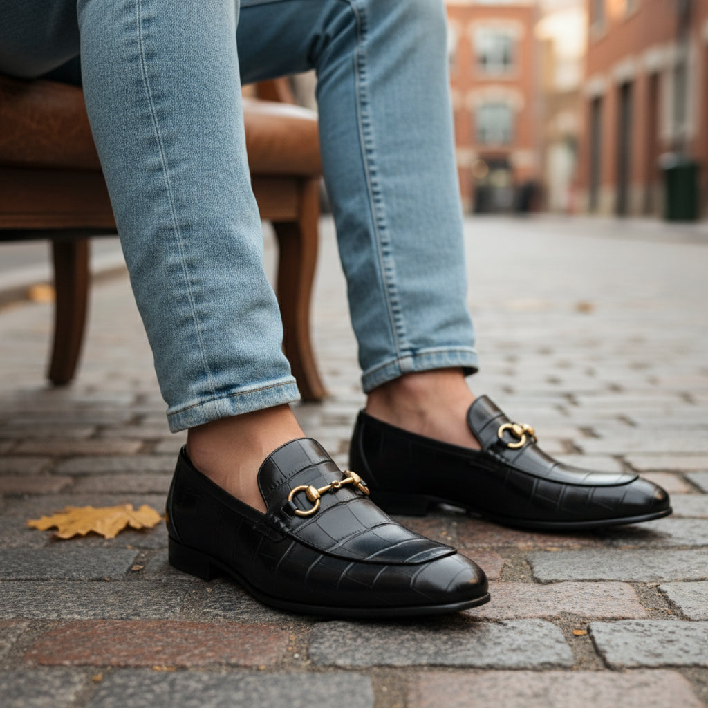 model-siting - Men's Black Leather Moccasins