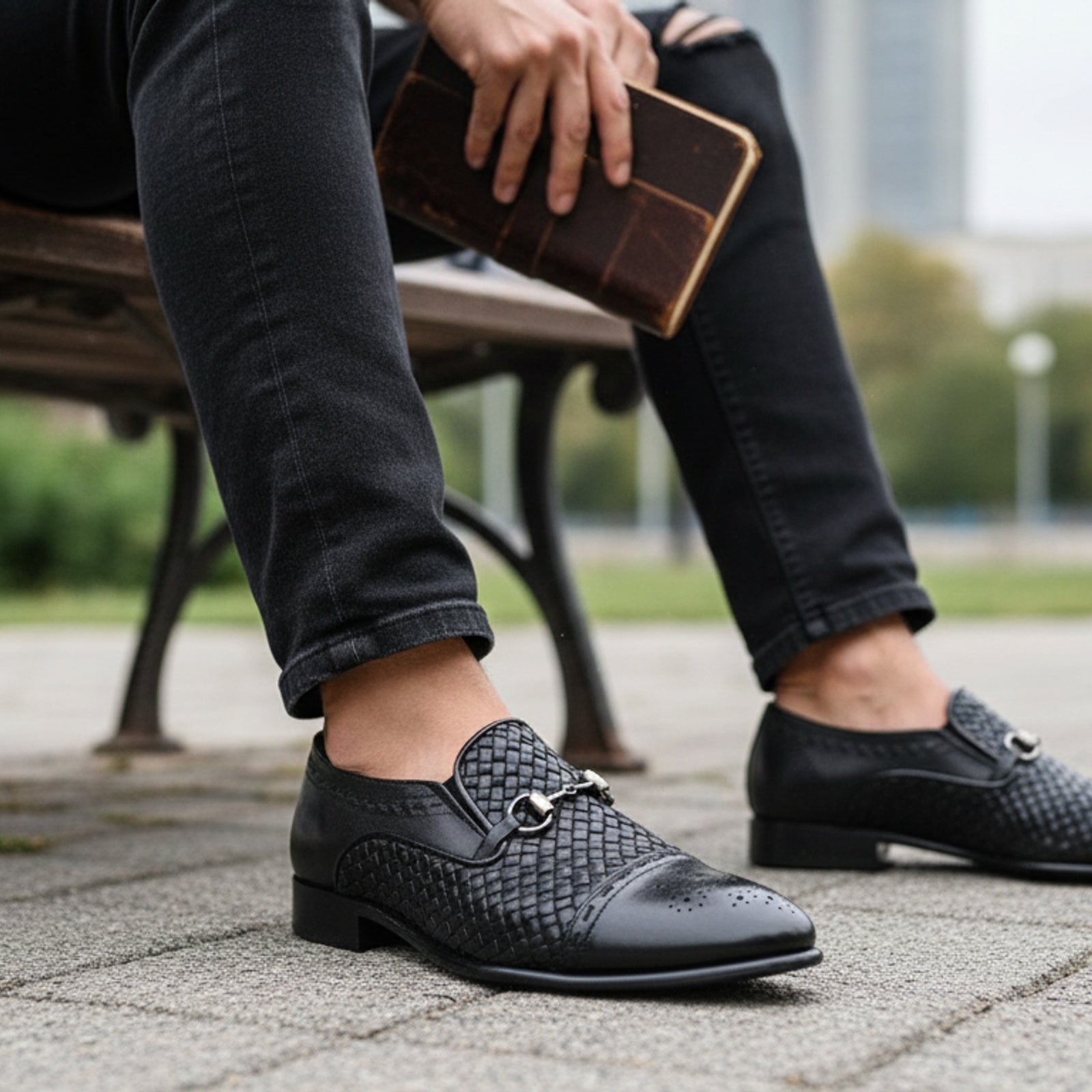 model-siting - Men's Black Leather Moccasins