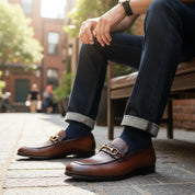 model-siting - Men's Black Leather Modern Loafers