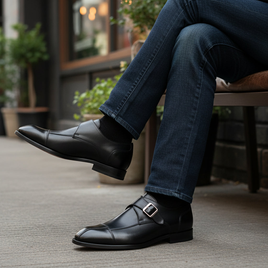 model-siting - Men's Black Leather Monk Dress Shoes