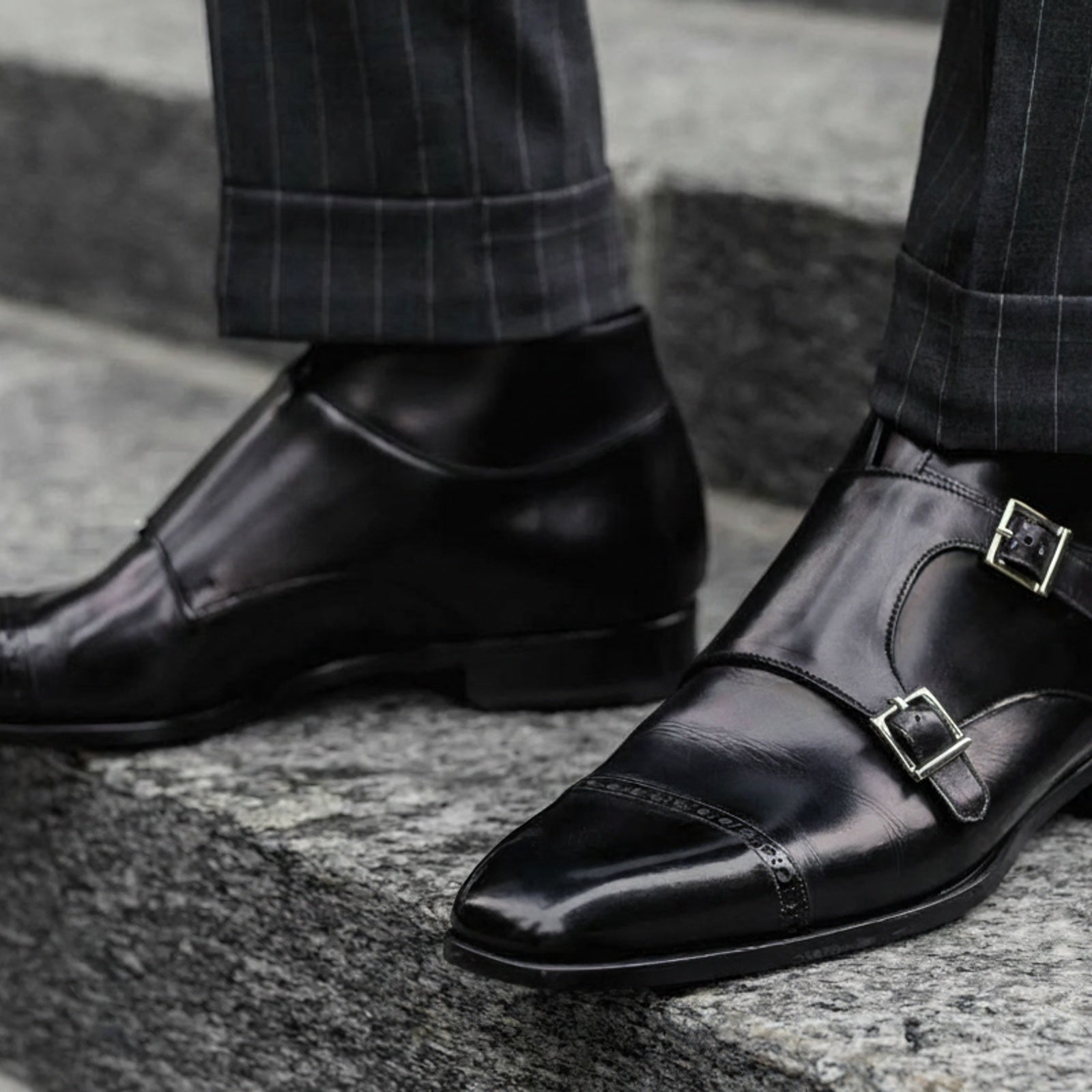 model-siting - Men's Black Leather Monk Strap Shoes