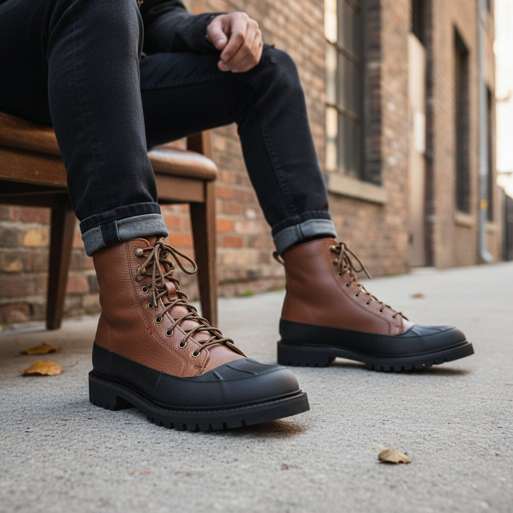 model-siting - Men's Black Leather Moto Boots