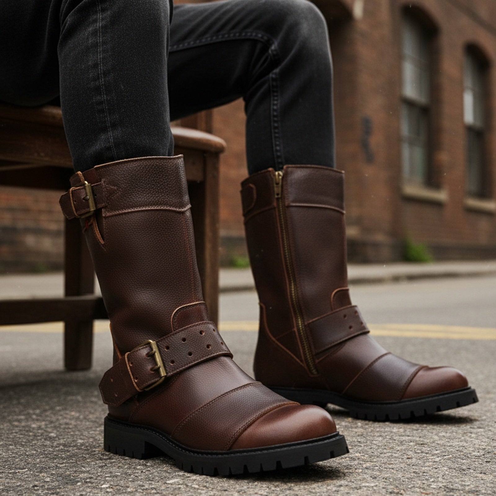 model-siting - Men's Black Leather Motorcycle Boots
