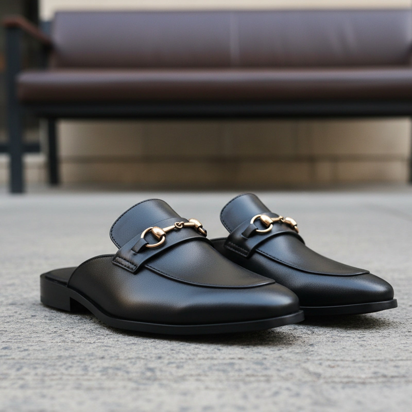 Men's Black Leather Mule Slippers with Flat Horsebit - model-siting