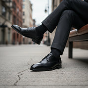 model-siting - Men's Black Leather Oxford Dress Shoes with Lace-Up Closure