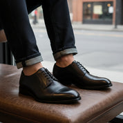 model-siting - Men's Black Leather Oxford Dress Shoes