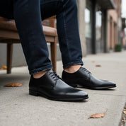 model-siting - Men's Black Leather Oxford Dress Shoes