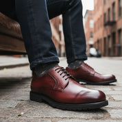 model-siting - Men's Black Leather Oxford Dress Shoes