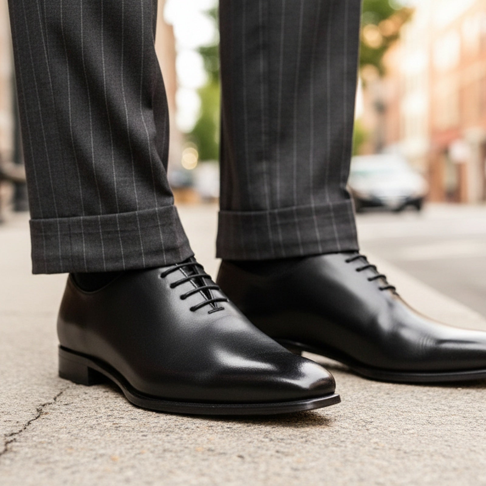 model-siting - Men's Black Leather Oxford Shoes with Classic Lace-Up