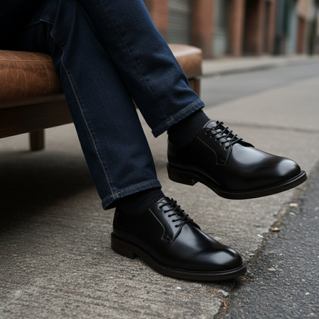 model-siting - Men's Black Leather Oxford Shoes