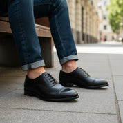 model-siting - Men's Black Leather Oxford Wingtip Dress Shoes