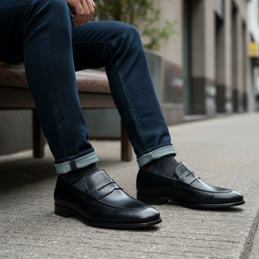 model-siting - Men's Black Leather Slip-On Dress Shoes