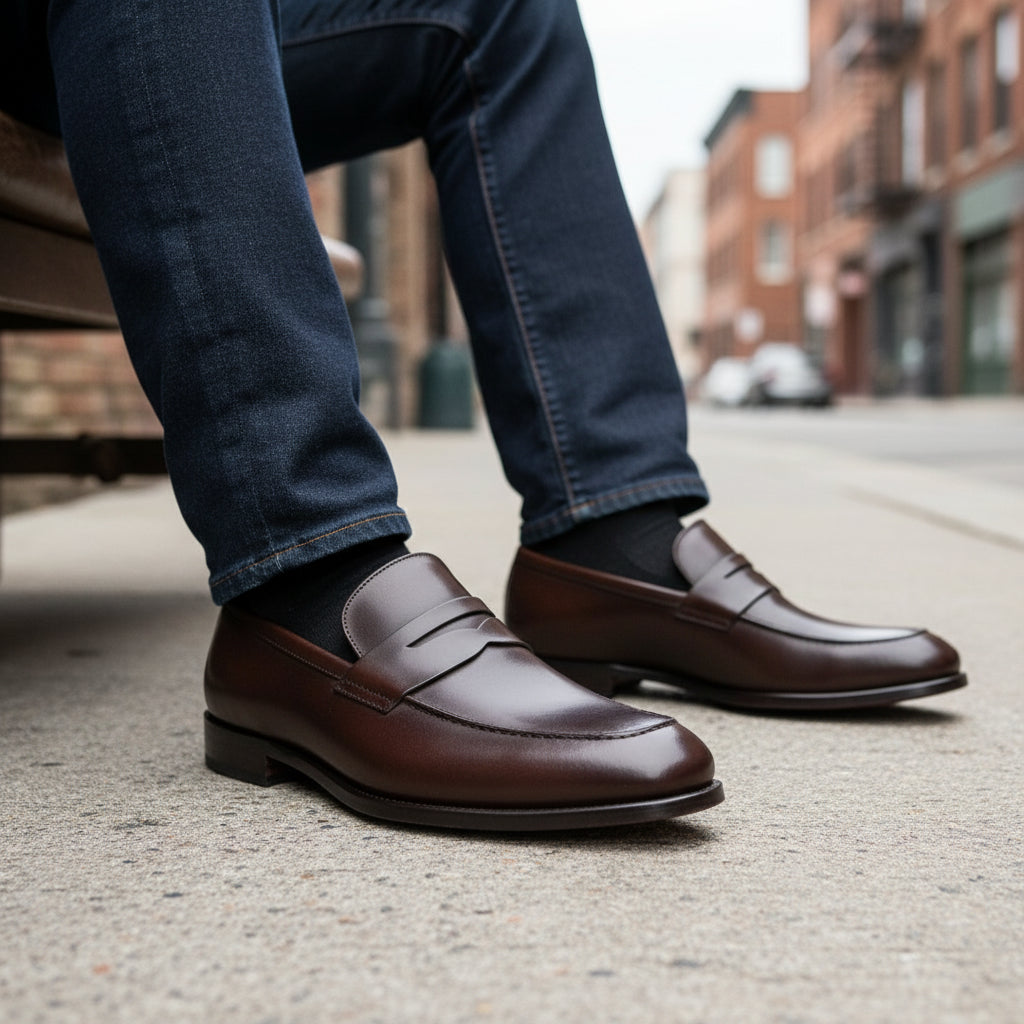 model-siting - Men's Black Leather Slip-On Loafers