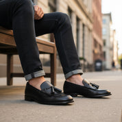 model-siting - Men's Black Leather Tassel Fringe Moccasins