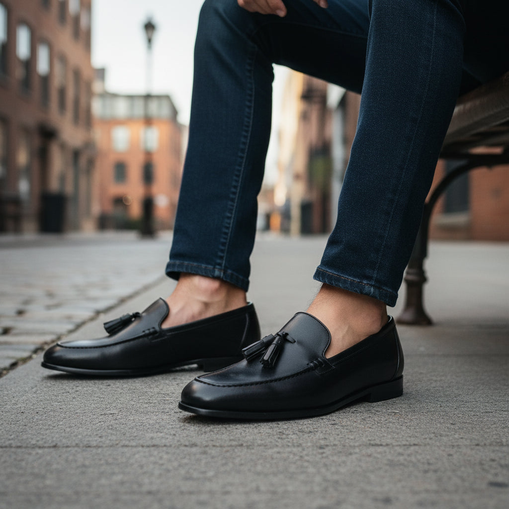 model-siting - Men's Black Leather Tassel Moccasins