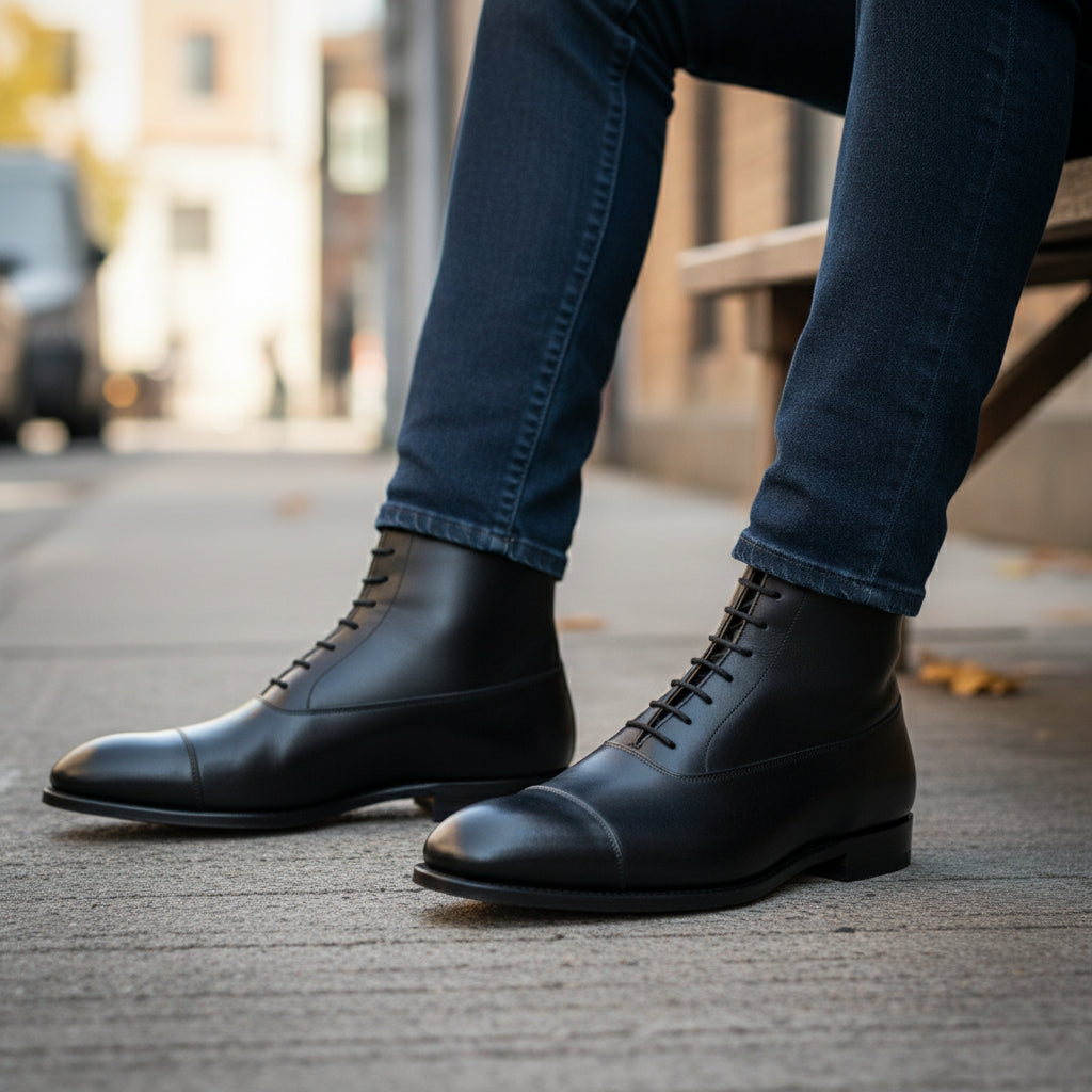 model-siting - Men's Black Leather Tuxedo Boots