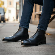 model-siting - Men's Black Leather Tuxedo Boots