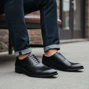 model-siting - Men's Black Leather Tuxedo Dress Shoes