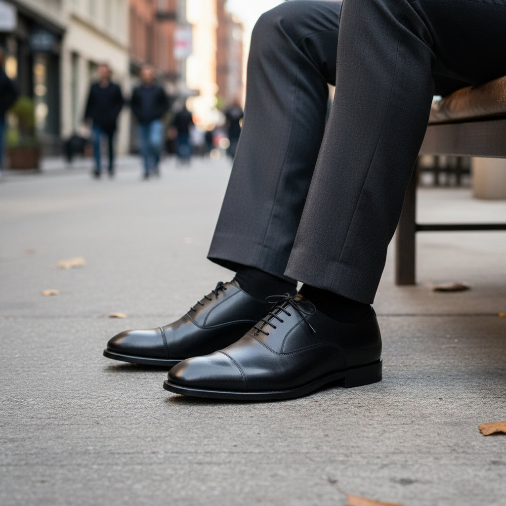 model-siting - Men's Black Leather Tuxedo Oxford Dress Shoes