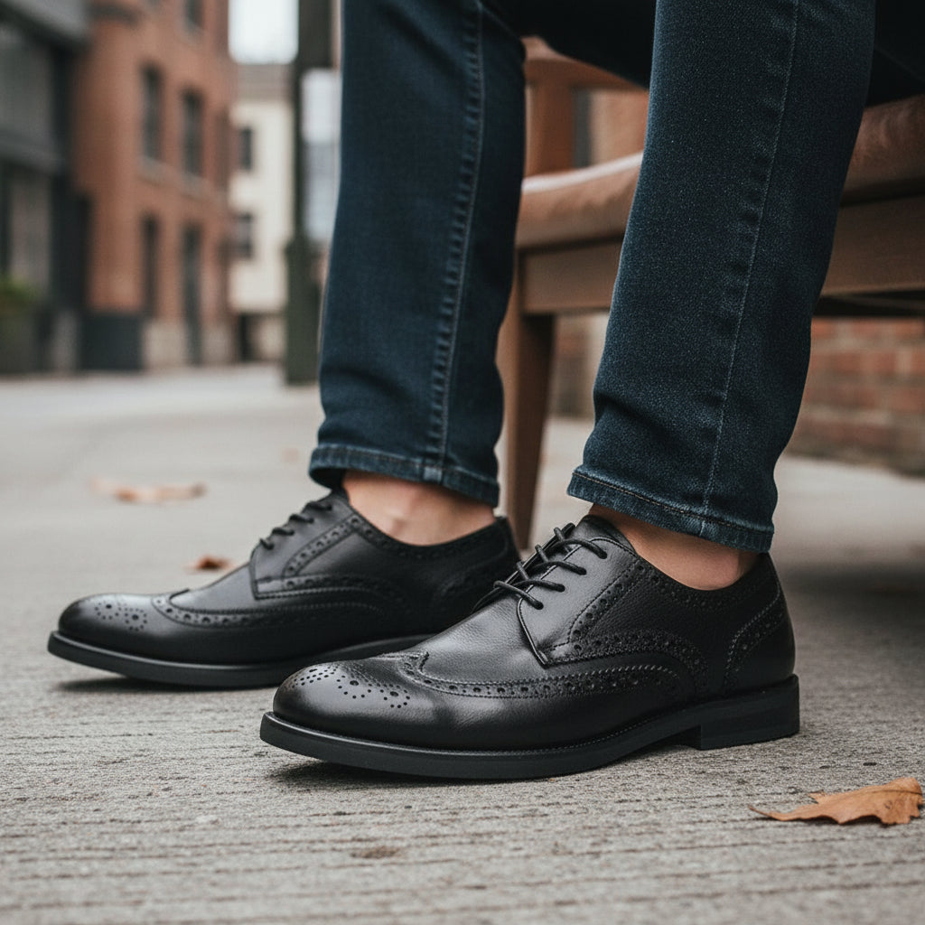 model-siting - Men's Black Leather Wingtip Brogues