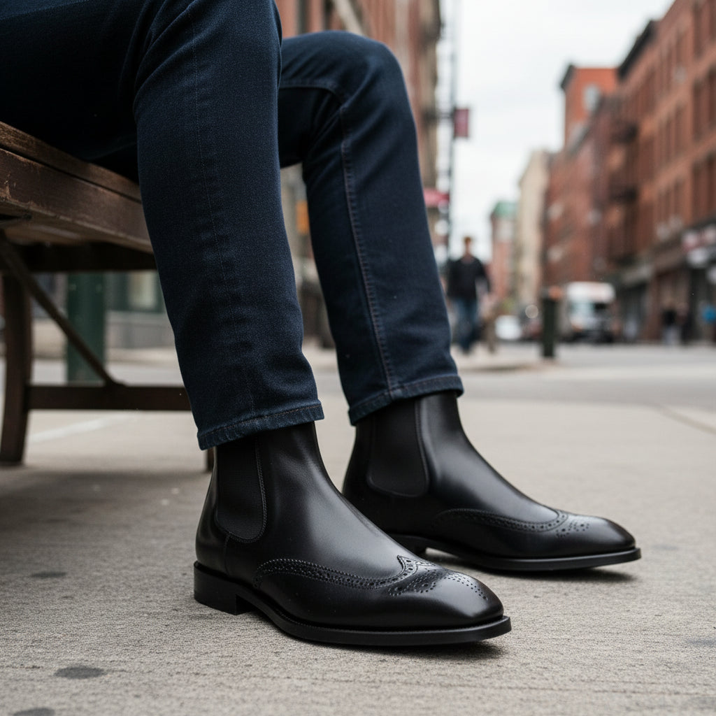 model-siting - Men's Black Leather Wingtip Chelsea Boots