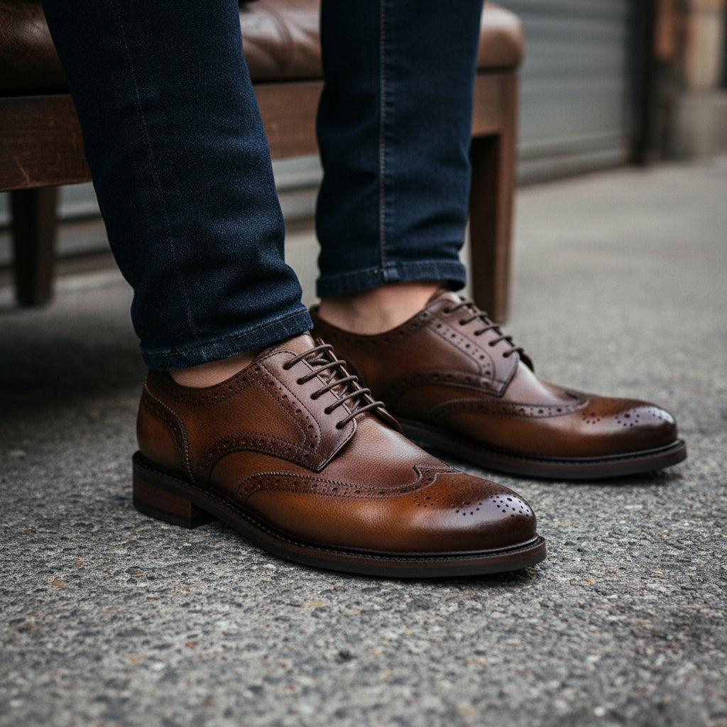 model-siting - Men's Black Leather Wingtip Oxfords