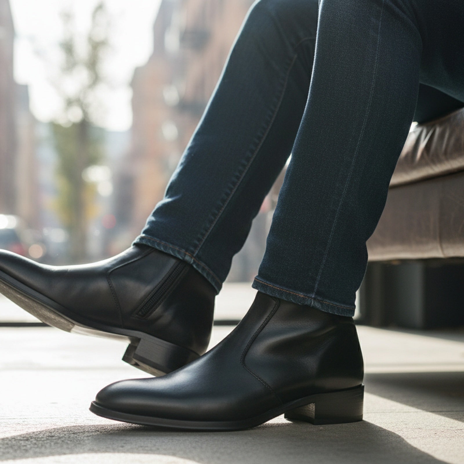 model-siting - Men's Black Leather Zip Boots Engineer Design