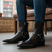 model-siting - Men's Black Leather Zip Boots with Cuban Heel