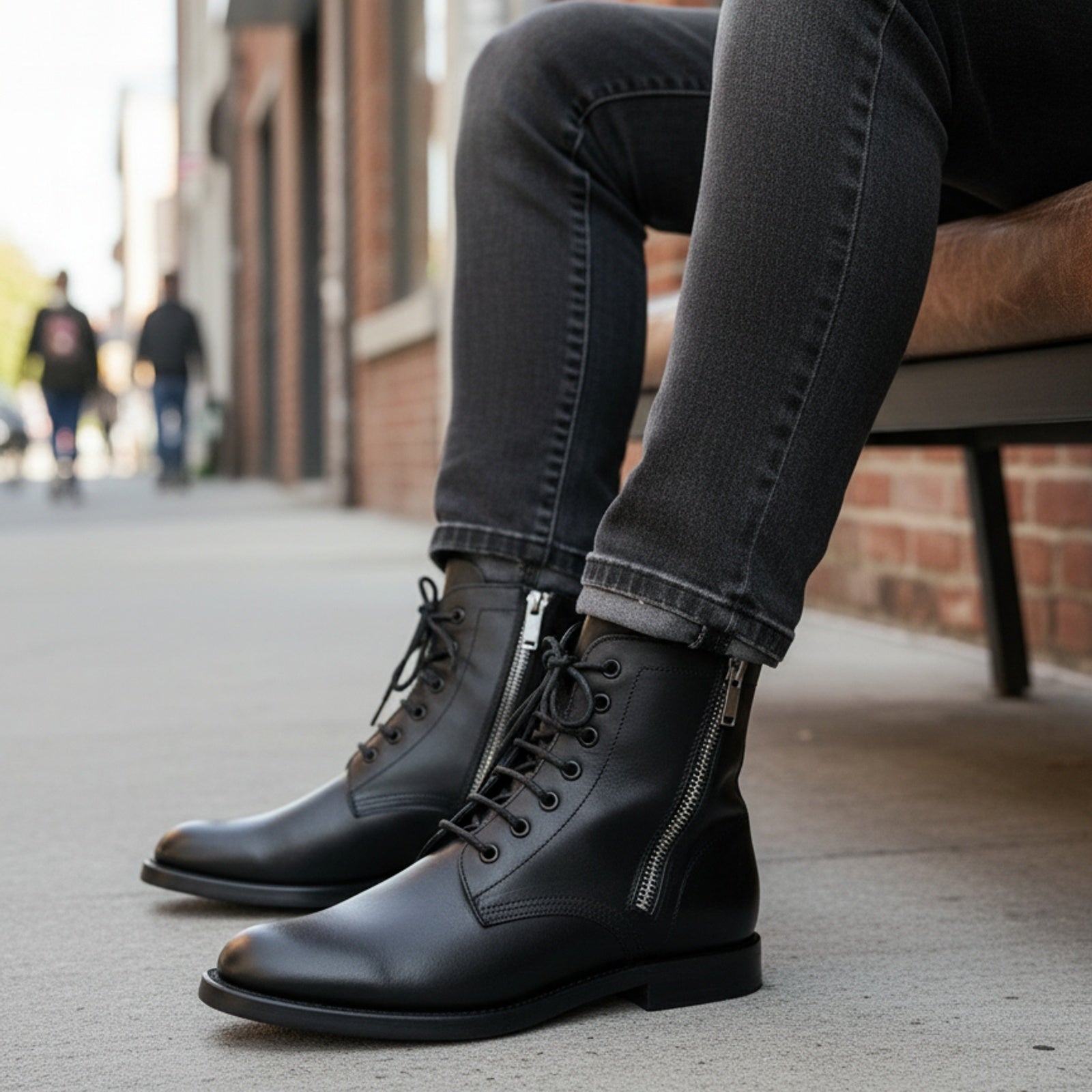 model-siting - Men's Black Leather Zipper Ankle Boots with Lace-Up Detail