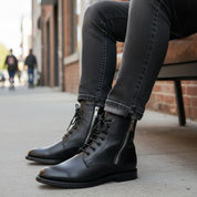 model-siting - Men's Black Leather Zipper Ankle Boots with Lace-Up Detail