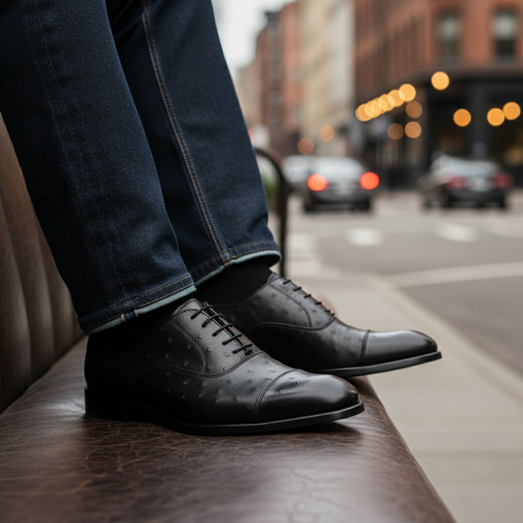 model-siting - Men's Black Ostrich Leather Oxford Shoes