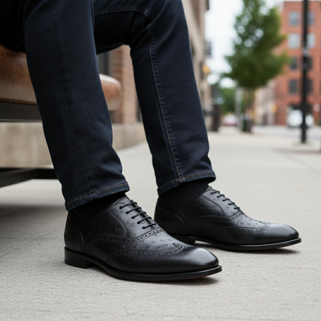 model-siting - Men's Black Ostrich Leather Wingtip Shoes